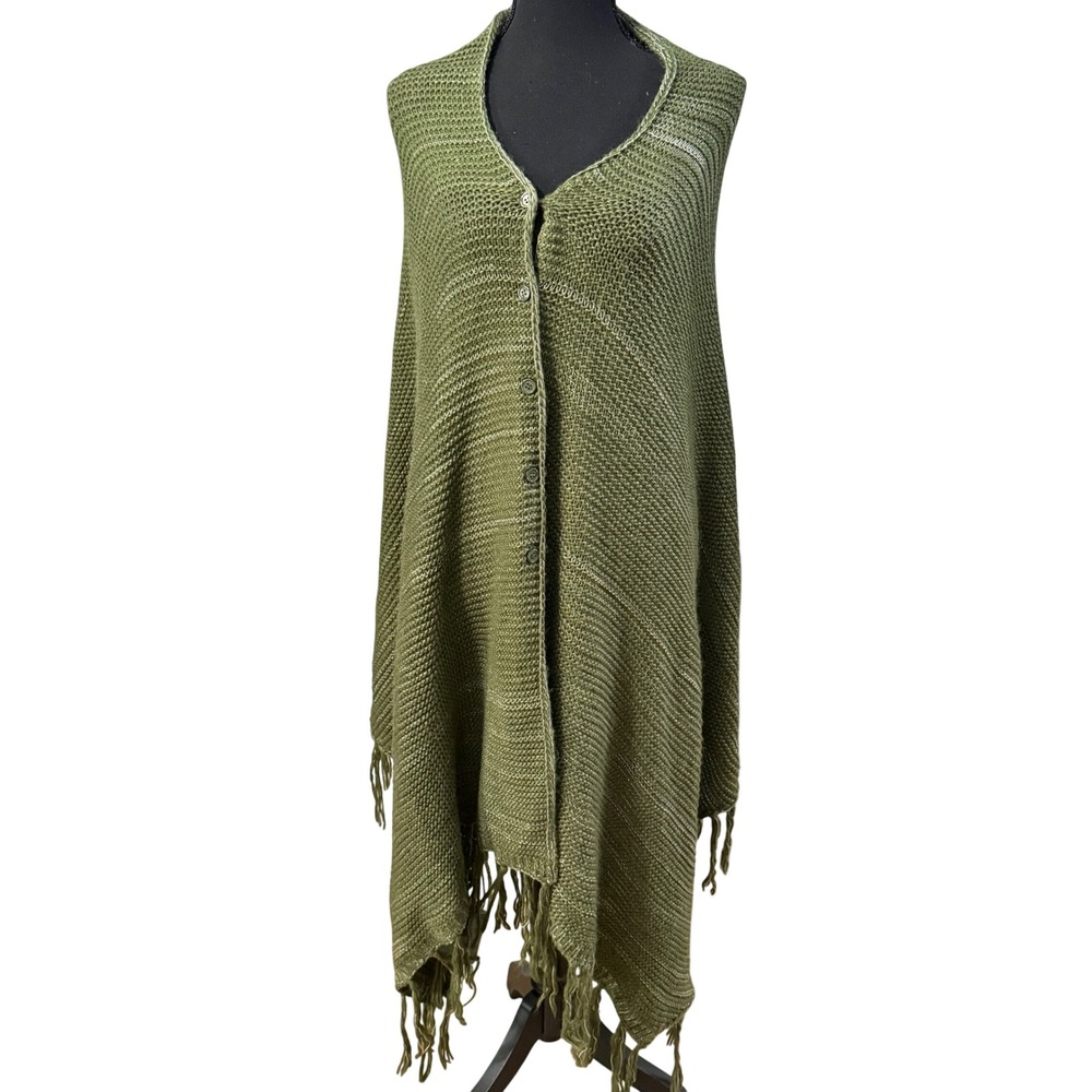 LuLaRoe Mimi Knit Button Front Fringe Wrap Shawl Poncho Olive Green OS